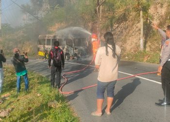 Pulang Wisata, Mobil Elf Warga Ponorogo Terbakar di Kawasan Wisata Sarangan